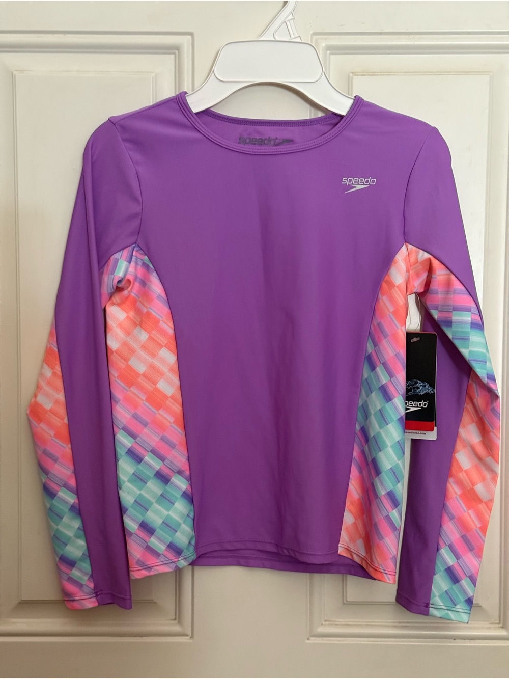 Speedo Purple Long Sleeve Girls Rash Guard with Multicolor Plaid Panels